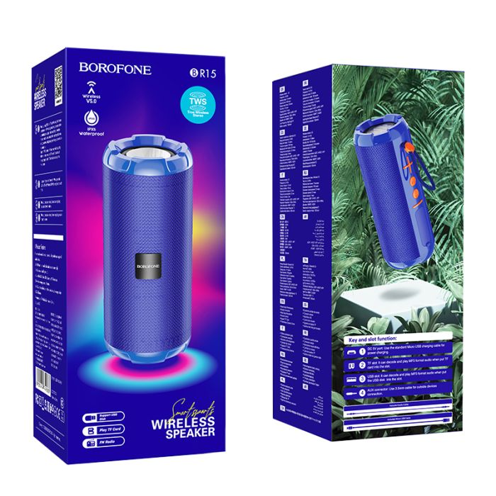 Boxa portabila Borofone BR15 Smart Bluetooth, albastru, difuzor 45 mm x 2, suport Bluetooth, FM, TF, USB, AUX, TWS