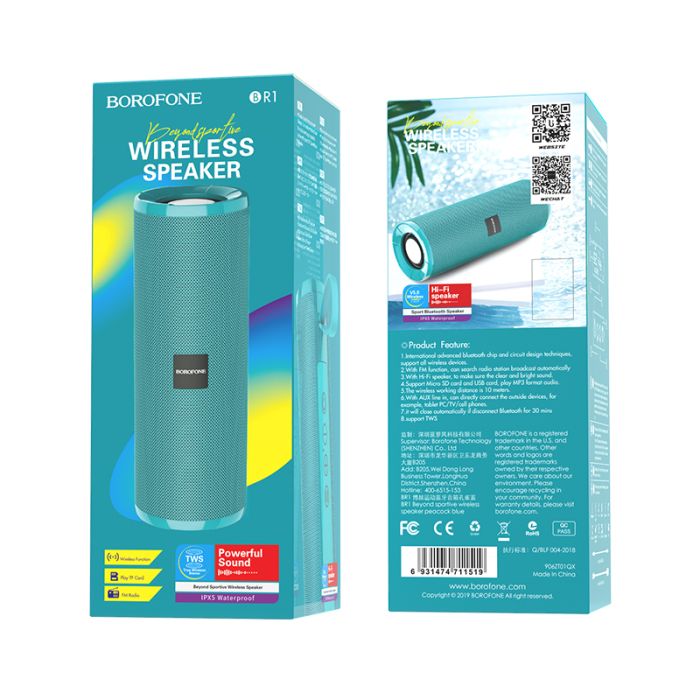 Boxa portabila Borofone BR1 Beyond Bluetooth, turcoaz, 180 x 65 x 66.2 mm, suport Bluetooth, AUX, USB, FM
