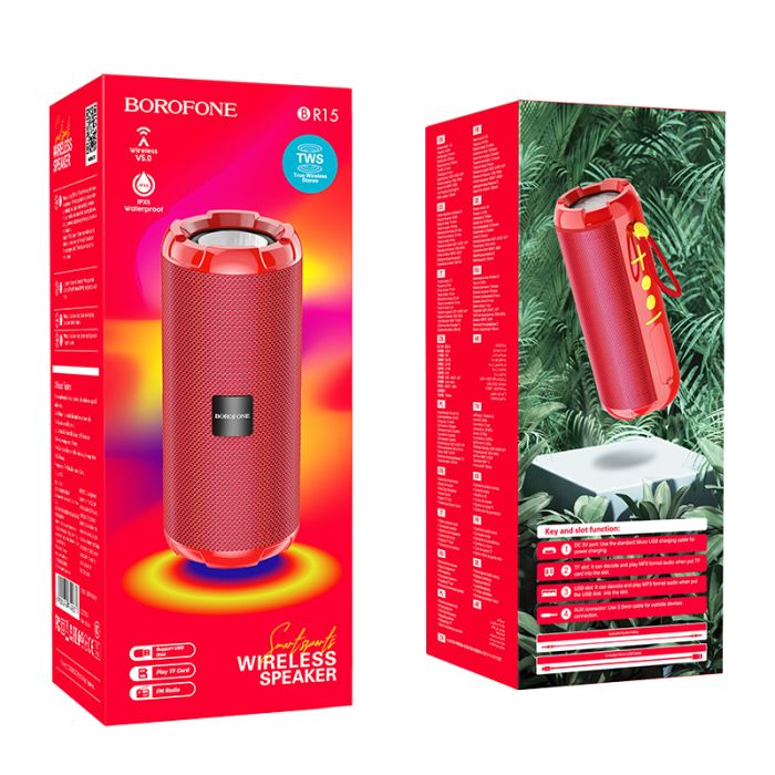 Boxa portabila Borofone BR15 Smart Bluetooth, rosu, suport Bluetooth, FM, TF, USB, AUX, TWS