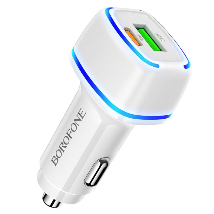 Incarcator auto pentru telefon Borofone BZ14A Mercury Dual Port USB, Type-C, QC 3.0, alb, 20W