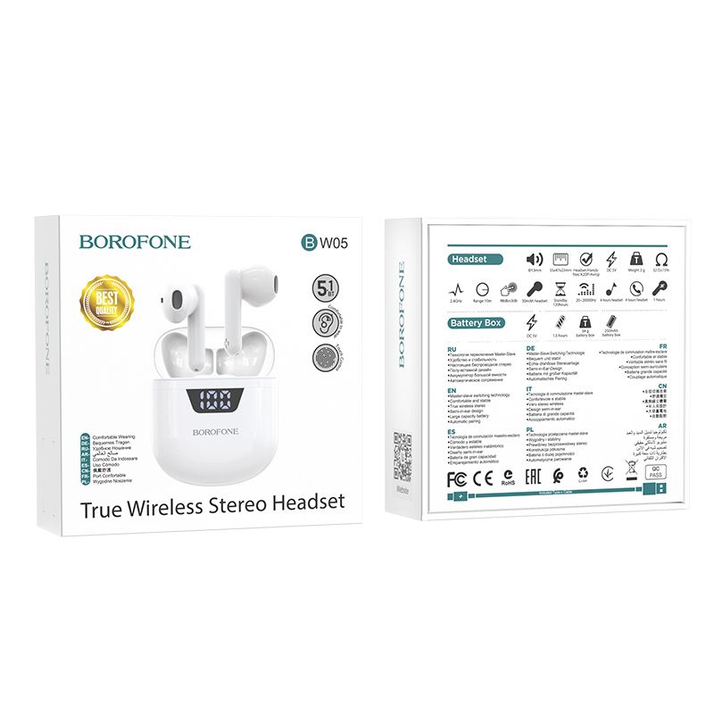 Casti audio in-ear, true wireless, Borofone BW05 Pure Tone, Bluetooth, alb