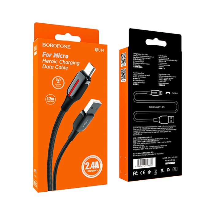Cablu de date si incarcare Borofone BU14 Heroic USB la MicroUSB, 1.2 m, negru, impletitura textila