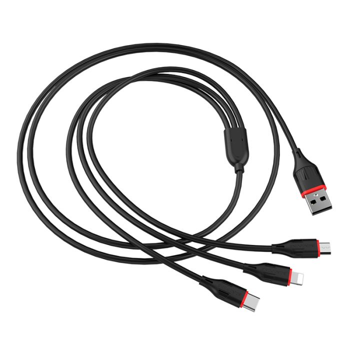 Cablu de date si incarcare Borofone BX17 Enjoy 3 in 1 USB la Lightning, MicroUSB si Type-c, 2.4A, 1 m, negru