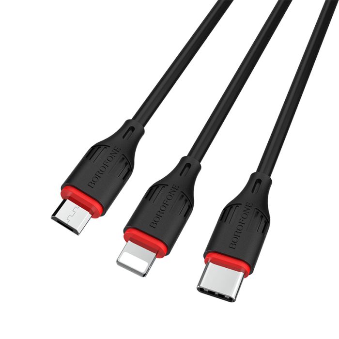 Cablu de date si incarcare Borofone BX17 Enjoy 3 in 1 USB la Lightning, MicroUSB si Type-c, 2.4A, 1 m, negru