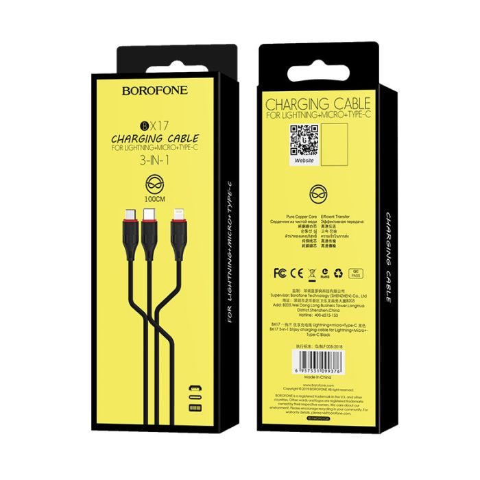 Cablu de date si incarcare Borofone BX17 Enjoy 3 in 1 USB la Lightning, MicroUSB si Type-c, 2.4A, 1 m, negru
