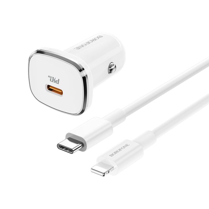 Incarcator auto pentru telefon Borofone BZ12B Lasting Power cu cablu Type-C la Lightning, 1 x Type-C, QC 3.0, alb