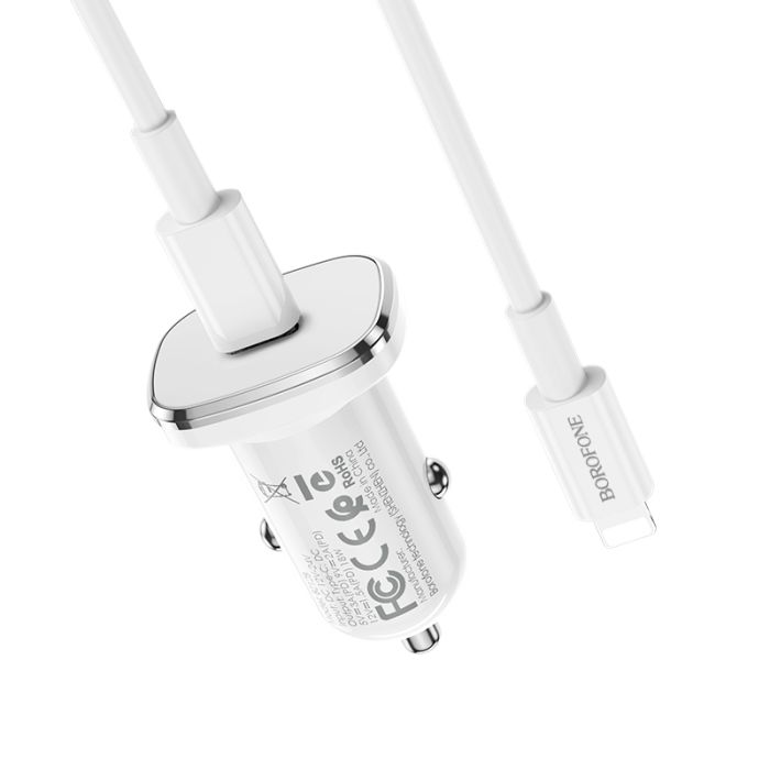 Incarcator auto pentru telefon Borofone BZ12B Lasting Power cu cablu Type-C la Lightning, 1 x Type-C, QC 3.0, alb