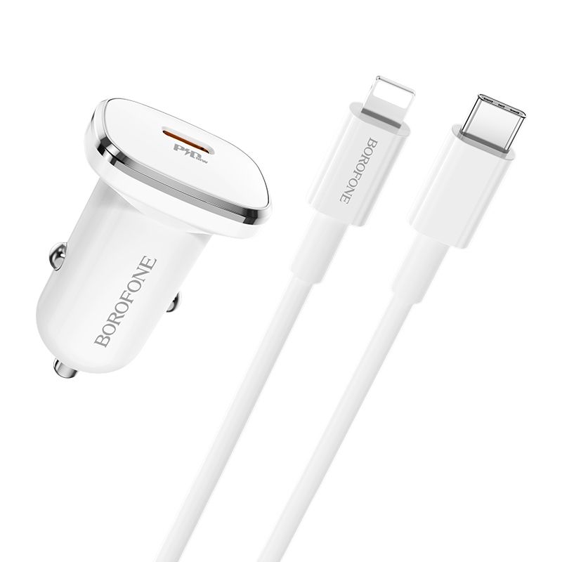 Incarcator auto pentru telefon Borofone BZ12B Lasting Power cu cablu Type-C la Lightning, 1 x Type-C, QC 3.0, alb