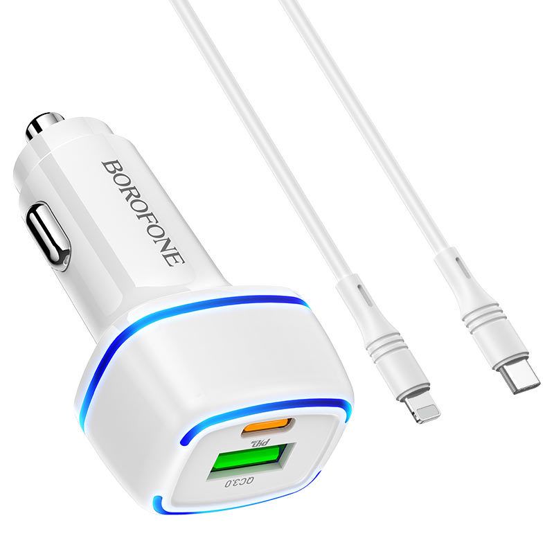 Incarcator auto pentru telefon Borofone BZ14A Mercury cu cablu Type-C la Lightning, 1 x USB, 1 x Type-C, QC 3.0, alb