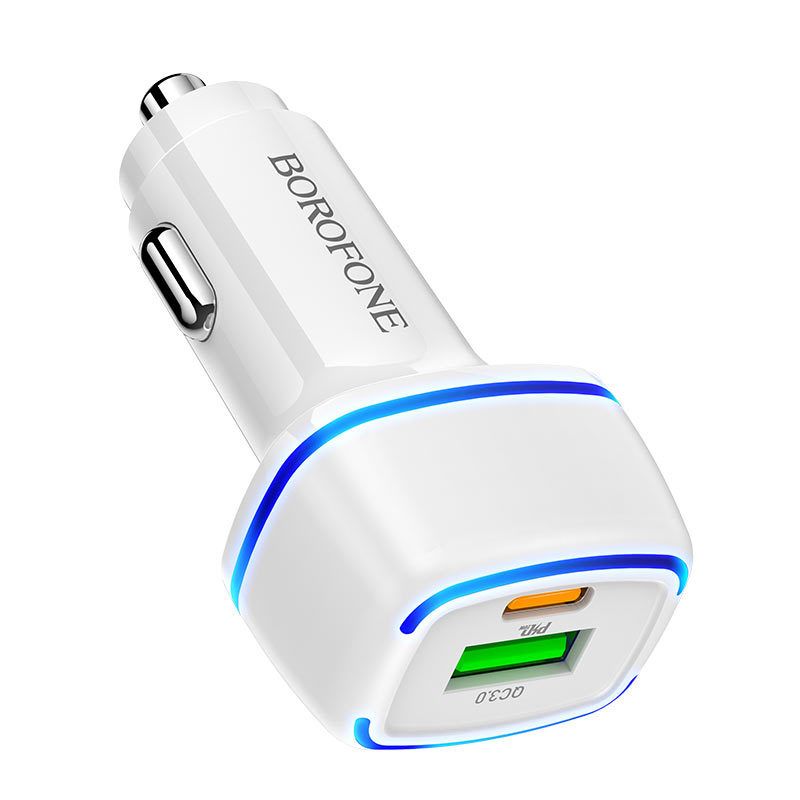 Incarcator auto pentru telefon Borofone BZ14A Mercury cu cablu Type-C la Lightning, 1 x USB, 1 x Type-C, QC 3.0, alb