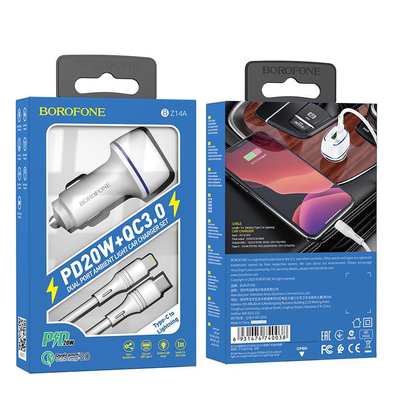 Incarcator auto pentru telefon Borofone BZ14A Mercury cu cablu Type-C la Lightning, 1 x USB, 1 x Type-C, QC 3.0, alb