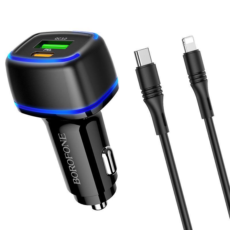 Incarcator auto pentru telefon Borofone BZ14A Mercury cu cablu Type-C la Lightning, 1 x USB, 1 x Type-C, QC 3.0, negru