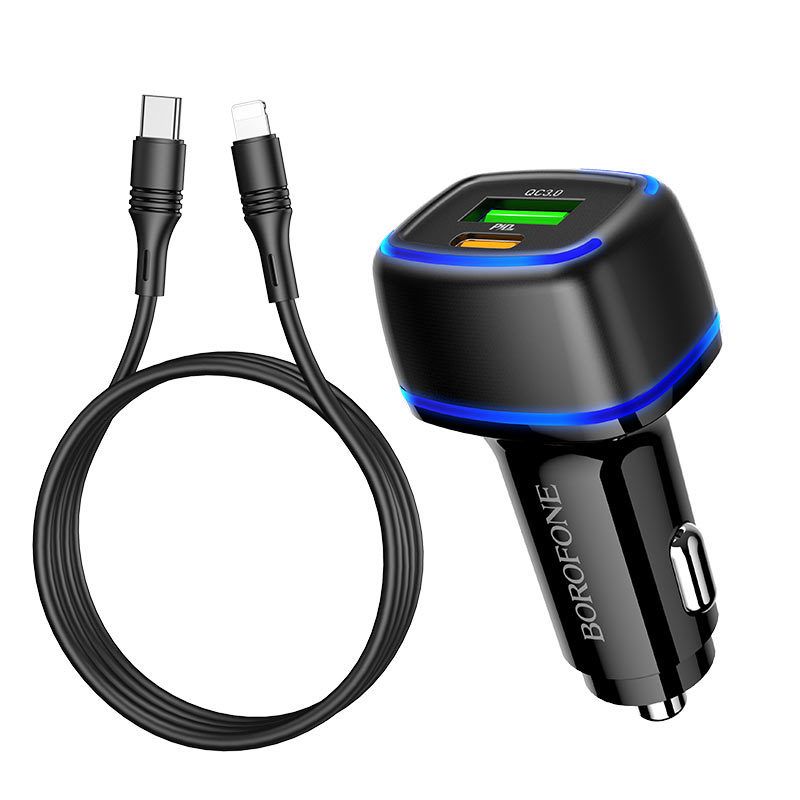 Incarcator auto pentru telefon Borofone BZ14A Mercury cu cablu Type-C la Lightning, 1 x USB, 1 x Type-C, QC 3.0, negru