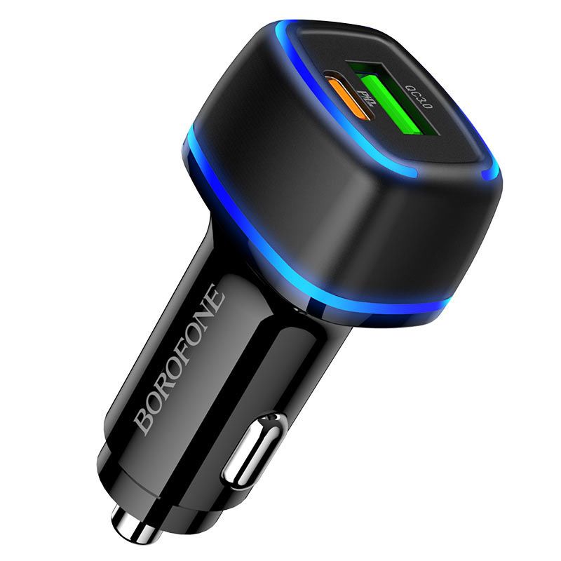 Incarcator auto pentru telefon Borofone BZ14A Mercury cu cablu Type-C la Lightning, 1 x USB, 1 x Type-C, QC 3.0, negru