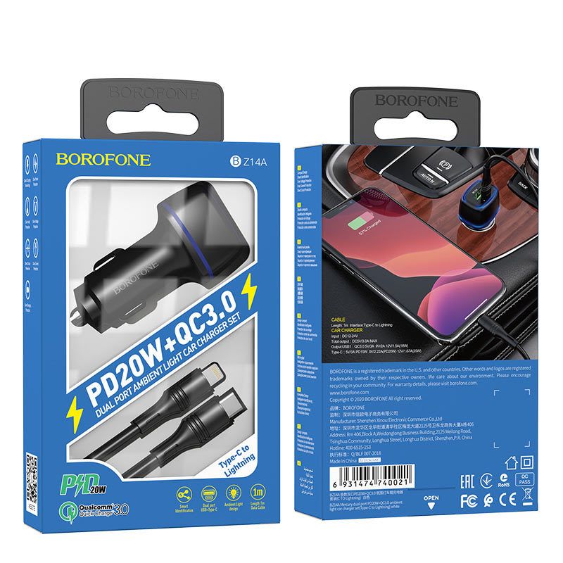 Incarcator auto pentru telefon Borofone BZ14A Mercury cu cablu Type-C la Lightning, 1 x USB, 1 x Type-C, QC 3.0, negru
