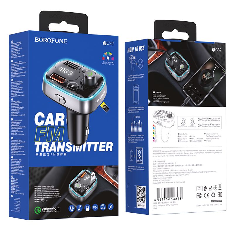Modulator FM Borofone BC32 Sunlight Dual USB, Bluetooth, MP3, 2.4A, microSD, negru