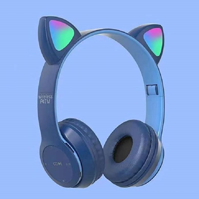 Casti audio bluetooth over-ear pentru copii OEM Cats Ears, albastru, incarcare USB