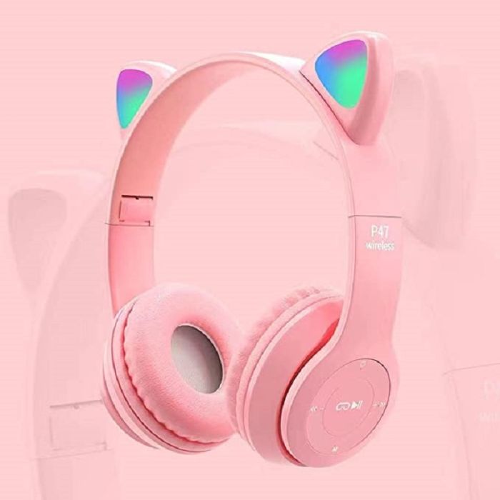Casti audio bluetooth over-ear pentru copii OEM Cats Ears, roz, incarcare USB