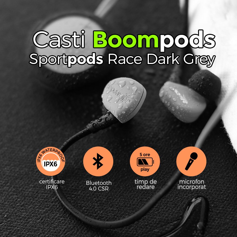 Casti audio sport in-ear, conexiune bluetooth, Boompods Sportpods Race, negru, controlul volumului, play/pause skip track, preluare/incheiere apeluri