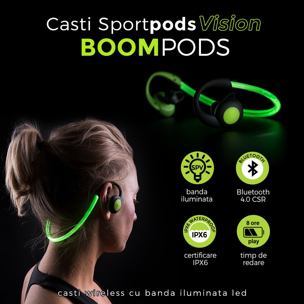 Casti audio sport in-ear, conexiune bluetooth, Boompods Sportpods Vision, verde, preluare/incheiere apeluri, schimbarea modului de iluminare