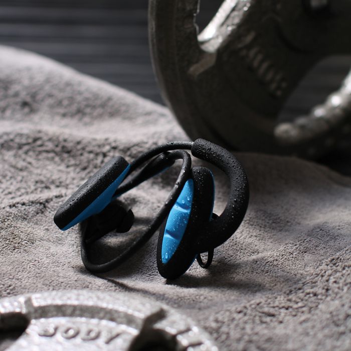 Casti audio sport in-ear, conexiune bluetooth, Boompods Sportpods2, negru-albastru, control volum, play/pause skip track, preluare/incheiere apeluri