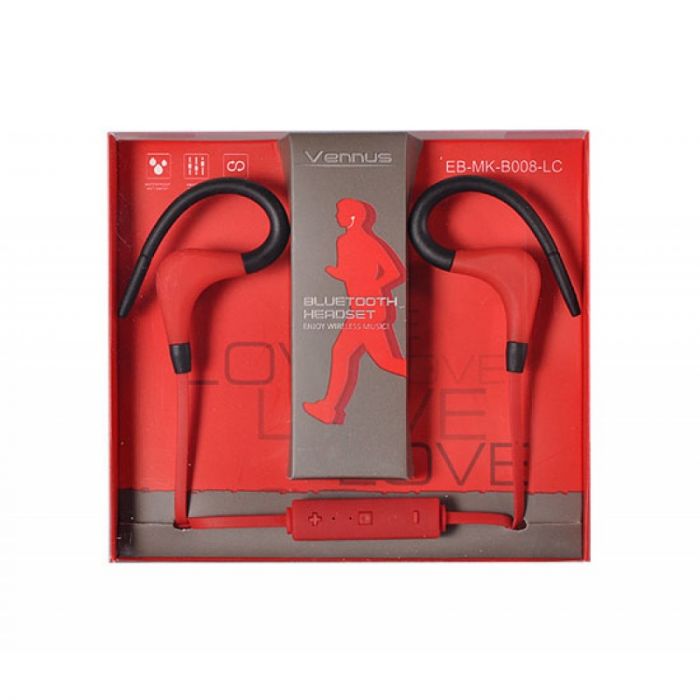Casti audio sport in-ear, conexiune bluetooth, Vennus BT-1, rosu, rezistente la stropi de apa