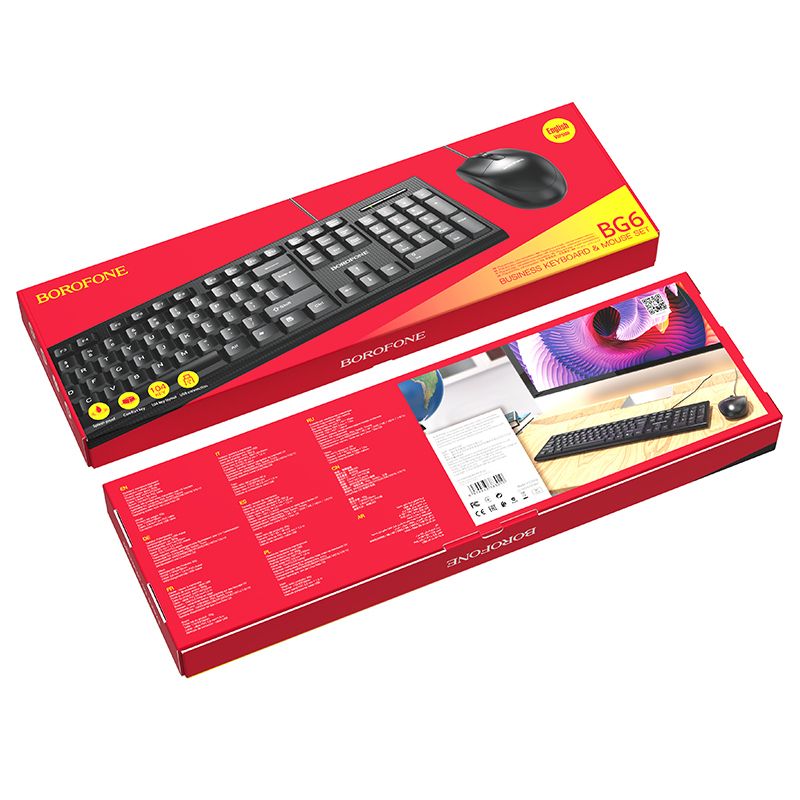 Set tastatura si mouse Borofone BG6 Business, conexiune USB, negru, lungime fir 1.5 m