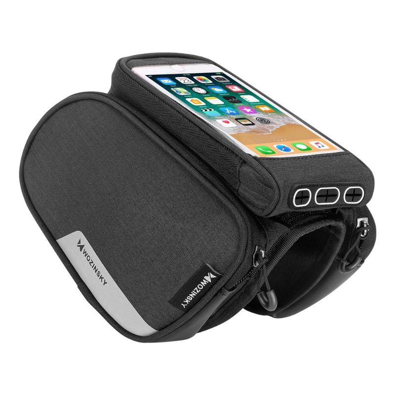 Geanta pentru bicicleta Wozinsky, cu husa pentru telefon cu diagonala de pana la 6.5 inch, impermeabila, negru, cablu jack inclus, volum 1.5 litri
