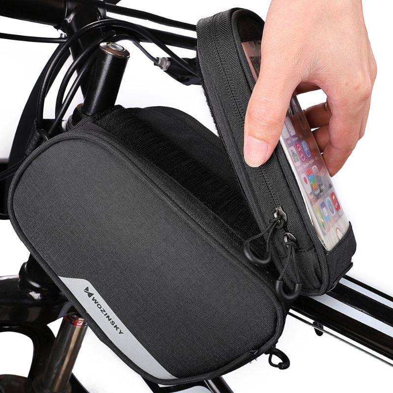 Geanta pentru bicicleta Wozinsky, cu husa pentru telefon cu diagonala de pana la 6.5 inch, impermeabila, negru, cablu jack inclus, volum 1.5 litri
