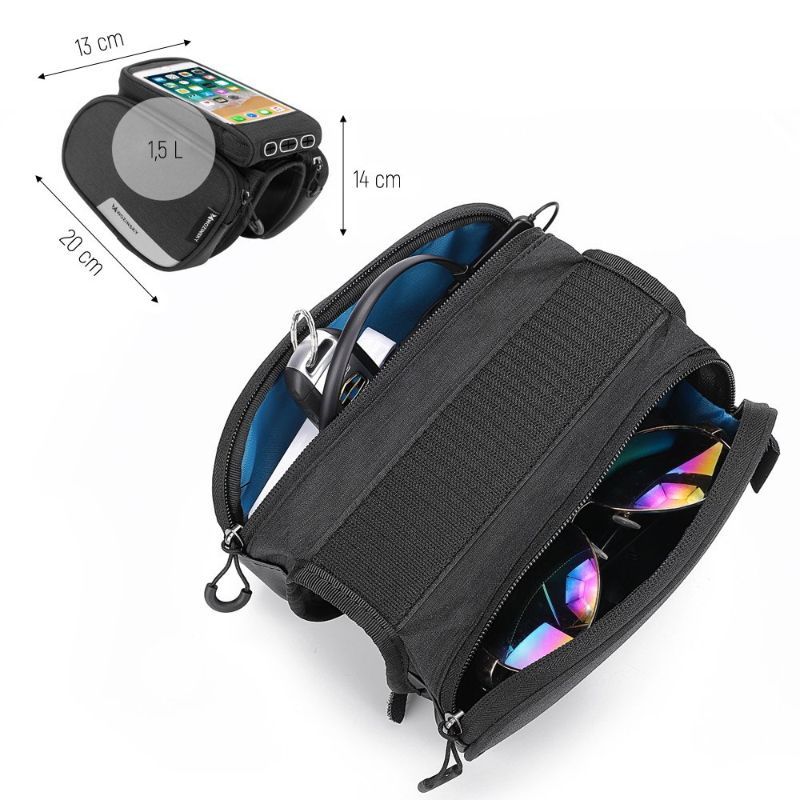 Geanta pentru bicicleta Wozinsky, cu husa pentru telefon cu diagonala de pana la 6.5 inch, impermeabila, negru, cablu jack inclus, volum 1.5 litri