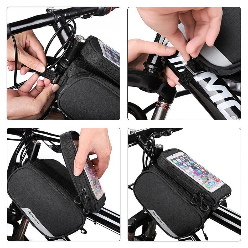 Geanta pentru bicicleta Wozinsky, cu husa pentru telefon cu diagonala de pana la 6.5 inch, impermeabila, negru, cablu jack inclus, volum 1.5 litri