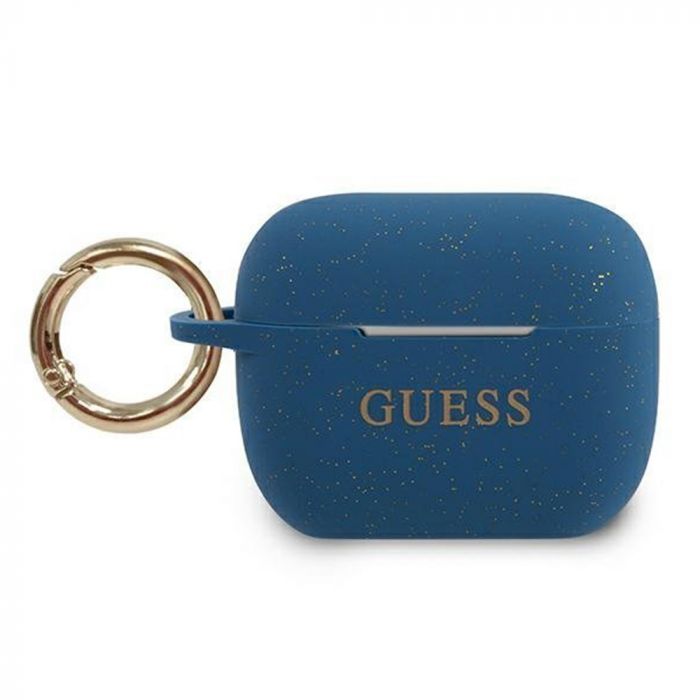 Husa cu breloc Guess Glitter, pentru Apple AirPods Pro, silicon, albastru