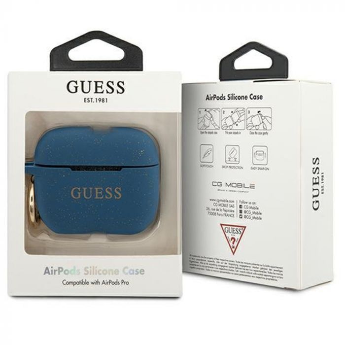 Husa cu breloc Guess Glitter, pentru Apple AirPods Pro, silicon, albastru