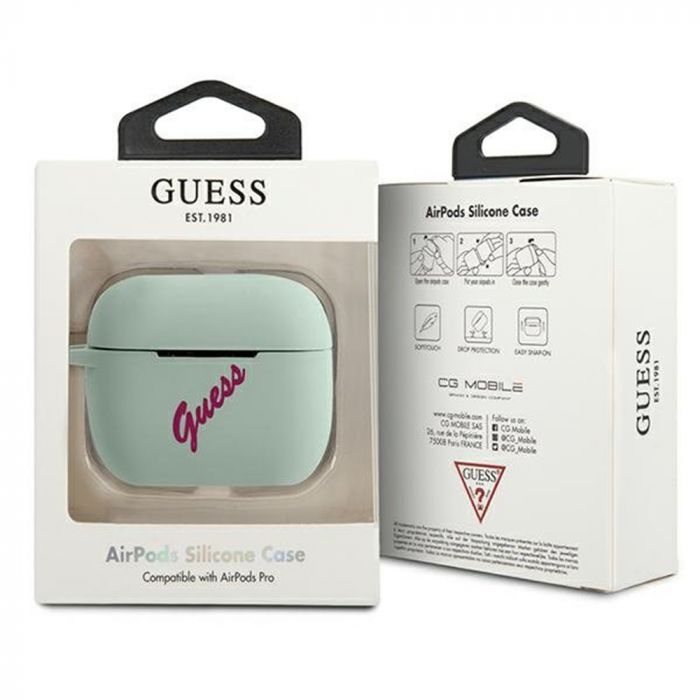 Husa cu breloc Guess Vintage, pentru Apple AirPods Pro, silicon, albastru-fuchsia