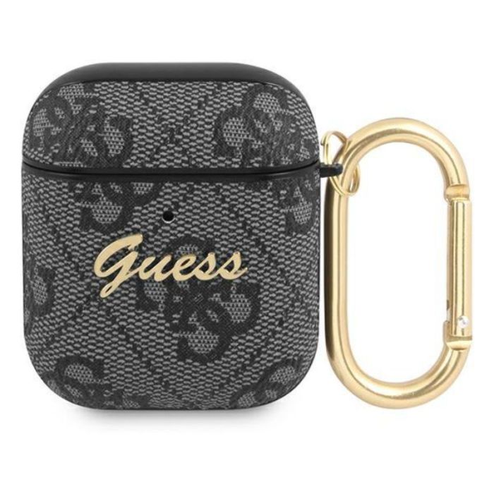 Husa cu breloc Guess 4G Script Logo, pentru Apple Airpods Generation 1/2, piele artificiala, gri