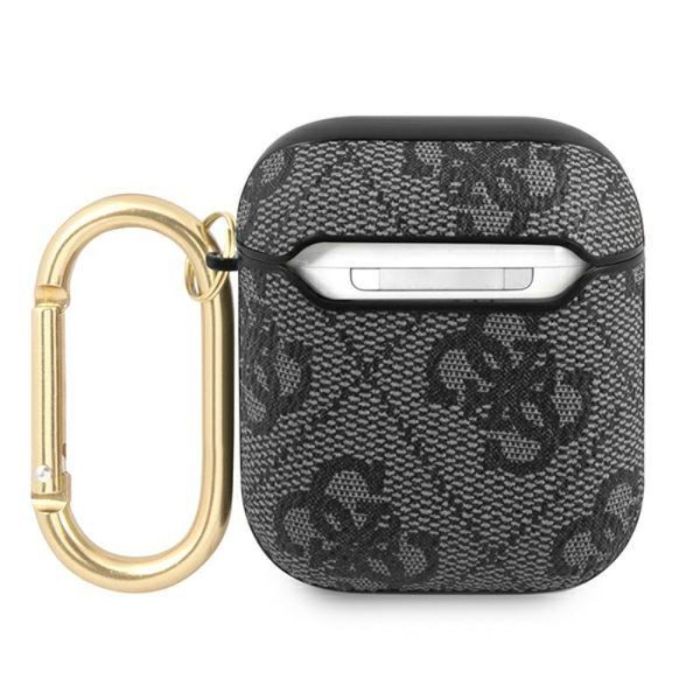 Husa cu breloc Guess 4G Script Logo, pentru Apple Airpods Generation 1/2, piele artificiala, gri