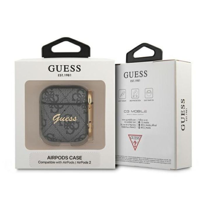 Husa cu breloc Guess 4G Script Logo, pentru Apple Airpods Generation 1/2, piele artificiala, gri