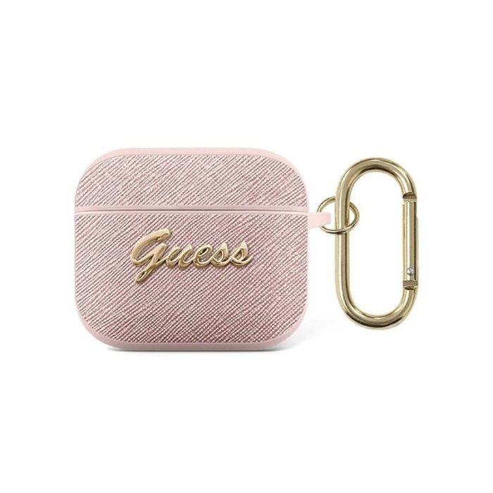 Husa cu breloc Guess Saffiano Metal Logo, pentru Apple Airpods 3, piele ecologica, roz