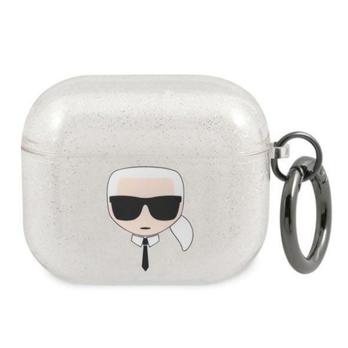 Husa cu breloc Karl Lagerfeld Glitter Karls Head, pentru Apple Airpods 3, TPU, argintiu