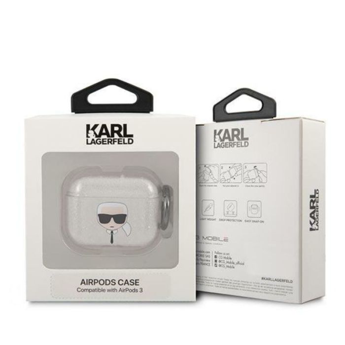 Husa cu breloc Karl Lagerfeld Glitter Karls Head, pentru Apple Airpods 3, TPU, argintiu