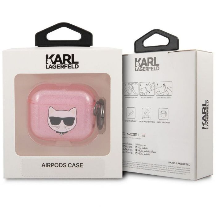 Husa cu breloc Karl Lagerfeld Choupette Head, pentru Apple Airpods 3, TPU, roz