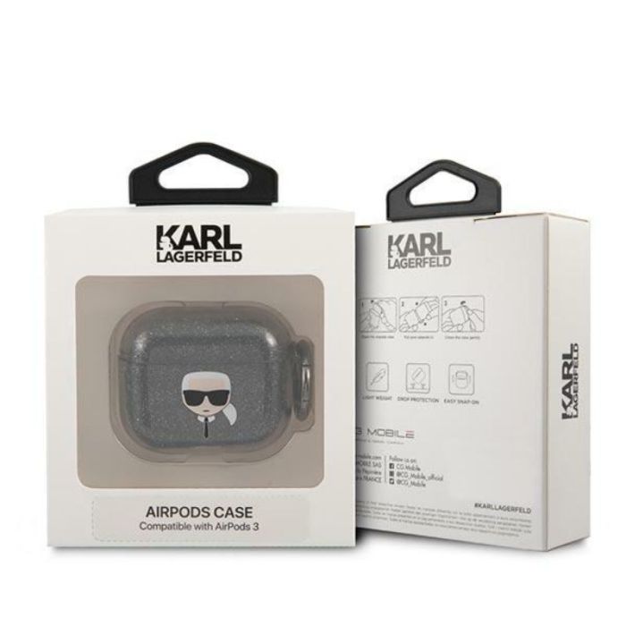 Husa cu breloc Karl Lagerfeld Glitter Karls Head, pentru Apple Airpods 3, TPU, negru