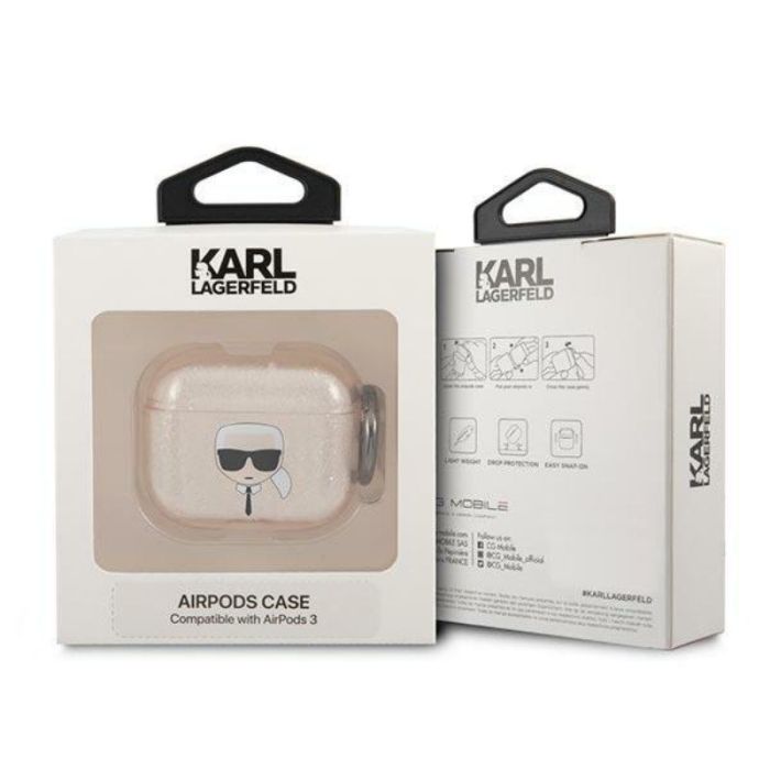 Husa cu breloc Karl Lagerfeld Glitter Karls Head, pentru Apple Airpods 3, TPU, auriu