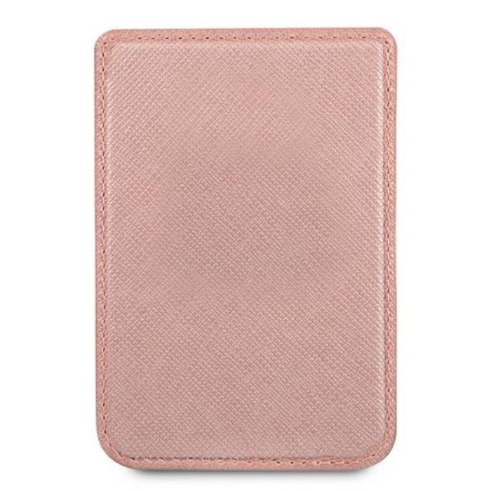 Suport telefon tip card Guess Saffiano Metal Logo, prindere cu magnet, piele ecologica, roz
