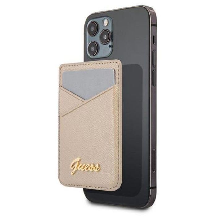 Suport telefon tip card Guess Saffiano Metal Logo, prindere cu magnet, piele ecologica, auriu