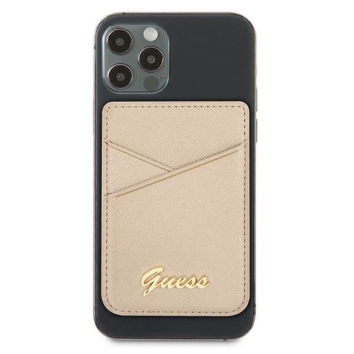 Suport telefon tip card Guess Saffiano Metal Logo, prindere cu magnet, piele ecologica, auriu