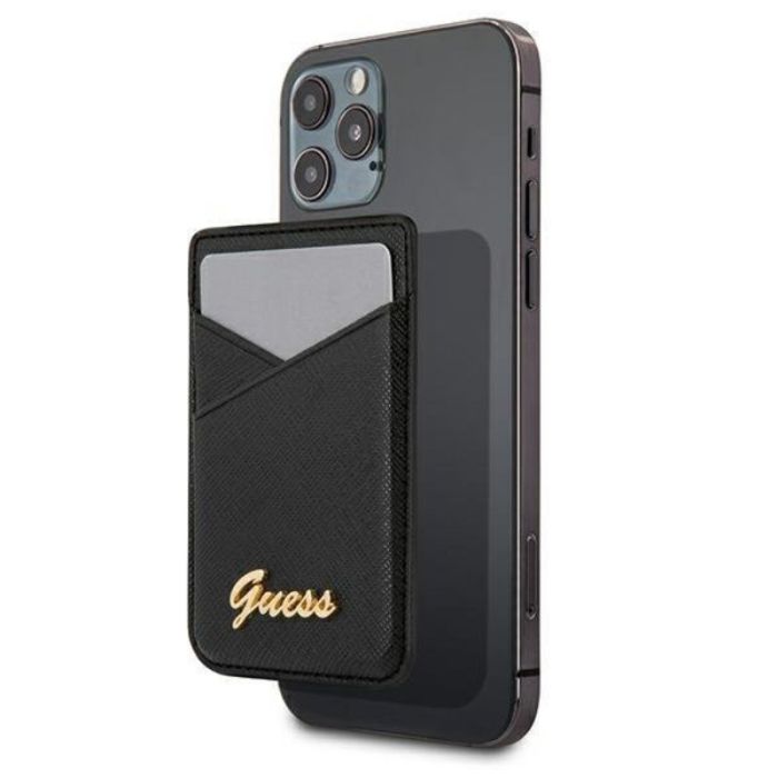 Suport telefon tip card Guess Saffiano Metal Logo, prindere cu magnet, piele ecologica, negru
