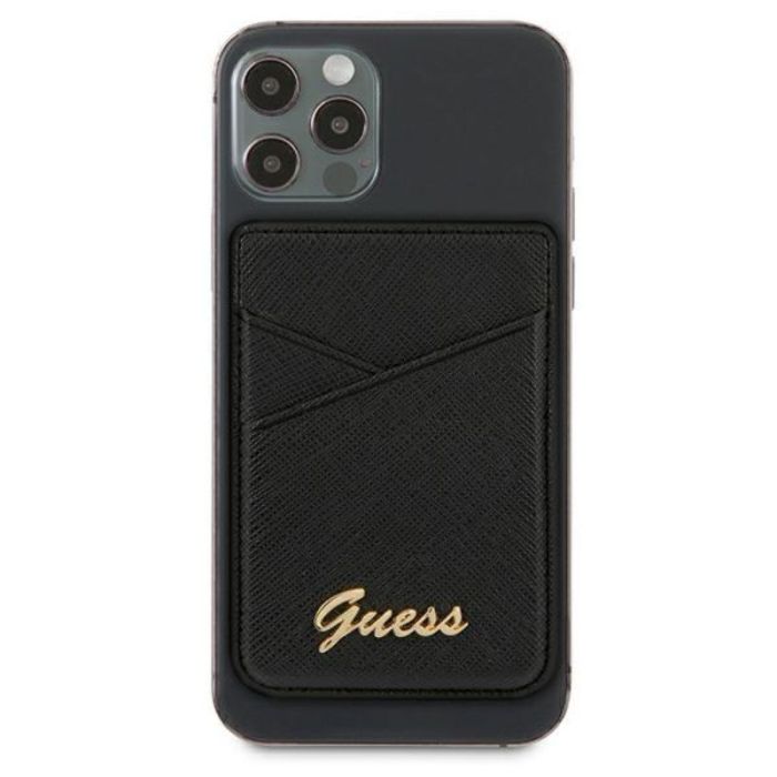Suport telefon tip card Guess Saffiano Metal Logo, prindere cu magnet, piele ecologica, negru