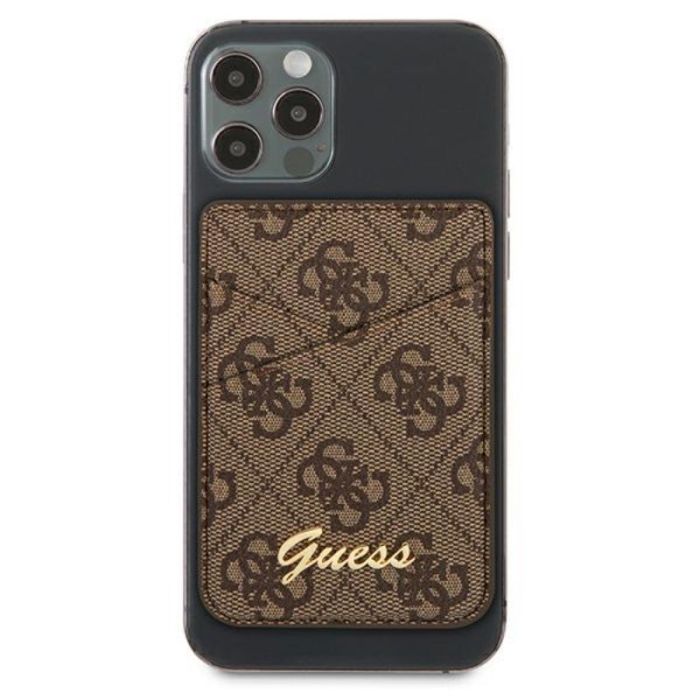 Suport telefon tip card Guess 4G Triangle Logo, prindere cu magnet, piele ecologica, maro