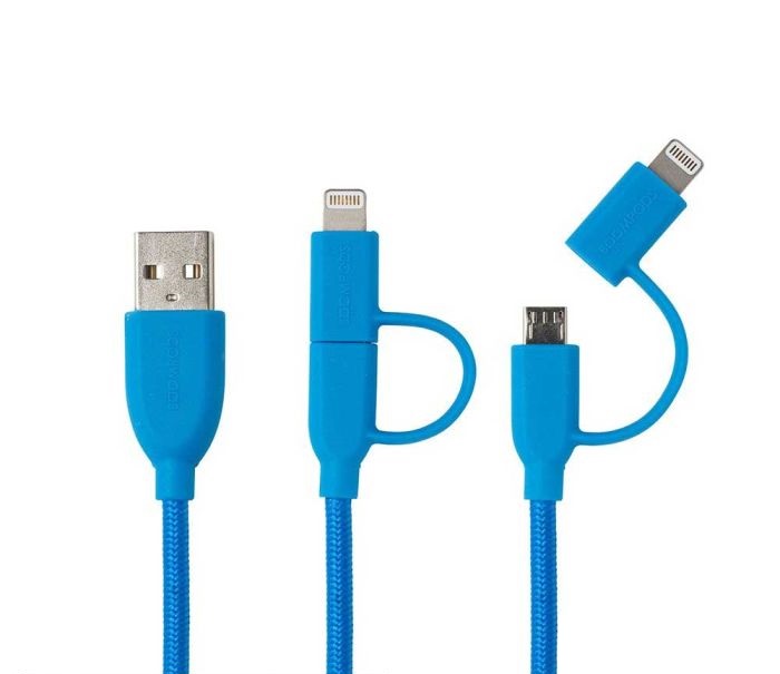 Cablu de date si incarcare MicroUSB la Lightning MFI, Boompods Duo, lungime 1m, impletitura textila, albastru